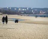Spacerem po piaszczystej plaży w Jelitkowie, z widokiem na morze i miasto w tle. Ludzie spacerują, bawią się z psem.