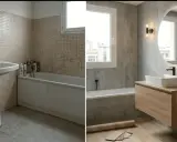 Baño renovado con revestimiento de paredes sin obras. Antes, azulejos viejos; ahora, moderno y elegante.