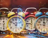 Wiele kolorowych budzików na tle nocnego miasta. 0404 znaczenie czasu, który nieustannie płynie.