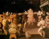 Elżbieta i Tudor bawią się na dworskim balu. Muzycy grają, a goście w barwnych strojach tańczą. Ciekawostki z epoki Tudorów.