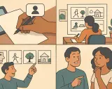 Un uomo e una donna discutono, mentre un altro uomo indica delle immagini. Il reportage significato è nel processo di raccolta e presentazione di informazioni.