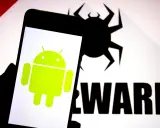 Android-Logo auf einem Smartphone, daneben ein stilisiertes Käfer-Symbol und das Wort "MALWARE".