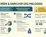 Guide pour créer une mélodie : définir un motif, utiliser les accords au piano, développer l'oreille, équilibrer répétition et variation, et enrichir avec des astuces pour une composition accrocheuse.