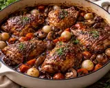 En mustig coq au vin i en gjutjärnsgryta, med saftiga kycklingdelar, champinjoner, små lökar och morötter i en mörk sås.