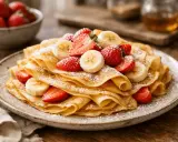 Deliciosa pila de crepes cubiertas con fresas y plátano, espolvoreadas con azúcar glas. Una receta crepes perfecta para el desayuno.
