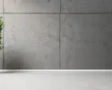 Grüne Pflanze im schwarzen Topf vor einer Wand aus Sichtbeton. Das zeigt, was ist Sichtbeton: eine rohe, unverputzte Betonfläche.