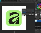 Interfaz de software de diseño gráfico, con un logo "a" en formato vector y opciones de ajuste de imagen.