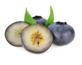 Frische Heidelbeeren, auch Blaubeeren genannt, mit grünen Blättern. Eine Blaubeere ist aufgeschnitten und zeigt ihr Inneres.