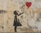 Girl reaching for a red heart balloon, a poignant scene from Banksy's most expensive art, "Girl with Balloon.