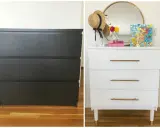 Före- och efterbild på en mörk byrå som fått en ljus malm byrå makeover med nya ben och guldfärgade handtag.