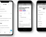 Trois écrans d'une application d'organisation sur iPhone : une liste de tâches, le détail d'une tâche et une liste de courses.