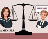 Une balance de justice sépare deux avocates. L'une, en robe, dit "À minima", l'autre, en costume, répond "AU MOINS.".