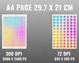 Dos páginas tamaño A4, una con 3508 x 2480 px (300 DPI) y otra con 842 x 595 px (72 DPI), ambas con puntos de colores degradados.