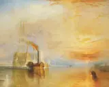 Dampfschiff zieht an Segelschiff vorbei im Sonnenuntergang, ein Meisterwerk bekannter Landschaftsmaler.
