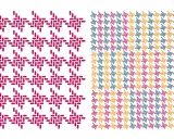 Two patterns: a single color check pattern in magenta on the left, and a multi-color check pattern in magenta, teal, and gold on the right.