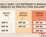 Tableau comparatif des indices de protection solaire : bas (SPF 6-15), moyens (SPF 20-25) et élevés (SPF 30-50+). Un indice UV pour bronzer en toute sécurité.