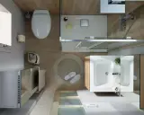 Aménagement petite salle de bain : vue de dessus d'une douche, lavabo, WC et meuble de rangement.