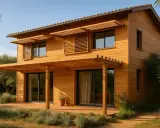 Belle maison ossature bois, avec pergola et volets en bois. Avis positif sur cette construction écologique et chaleureuse.