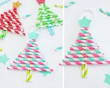 Alberi di Natale colorati realizzati con cannucce di carta, perfetti per lavoretti di Natale con piatti di plastica. Decorazioni fai-da-te scintillanti.