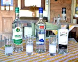 Drei Flaschen Ouzo stehen bereit für einen Vergleich. Raki vs. Ouzo – eine Frage des Geschmacks!