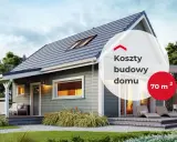 Koszty budowy domu 70m²: nowoczesny, parterowy dom z tarasem i dużymi oknami, otoczony zielenią.