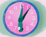 En person gör en handstående på en rosa urtavla, som en kort meditation.