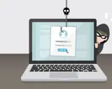 Ein Hacker lauert hinter einem Laptop, der eine gefälschte Login-Seite anzeigt. Ein Fischhaken mit Totenkopf symbolisiert, wie funktioniert phishing.