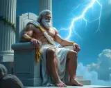 Zeus, König der Götter, thront mit mächtigem Bart und Blitz im Himmel. Ein Bild aus der Zeus Mythologie.