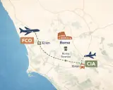 Mapa pokazuje lotniska FCO i CIA oraz odległości do Rzymu. Zastanawiasz się, ile się leci do Rzymu?