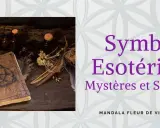 Livre ancien avec symbole de l'âme, bougies et herbes. Titre : Symboles Ésotériques : Mystères et Sens Cachés.