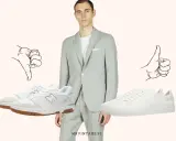 Mężczyzna w garniturze, obok niego białe sportowe buty do garnituru męskie. Kciuk w górę i w dół sugerują wybór.