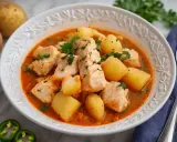 Un reconfortante plato de patatas con bacalao, con trozos de pescado blanco tierno y patatas cocidas en una sabrosa salsa roja, adornado con perejil fresco.