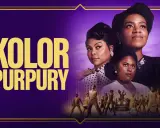 Plakat filmu "Kolor purpury" z trzema kobietami i grupą tańczących ludzi.