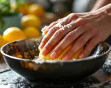 Mains frottant un citron sur un bol en cuivre pour désoxyder le cuivre. Des grains blancs tombent.