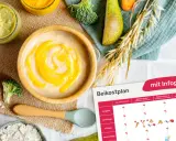 Brei für Baby ab 6 Monate: Naturjoghurt mit Obstmus, Beikostplan mit Infografik.
