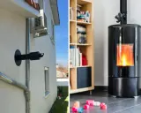 Installation poêle à granulés ventouse : évacuation extérieure et poêle allumé à l'intérieur.