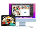 Komputer i tablet z ilustracjami, tworzące idealny zestaw do pracy twórczej. Ten **universal control** pozwala na płynne przenoszenie projektów między urządzeniami.