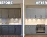 Avant/après : une cuisine grise transformée pour un look moderne. Idéal pour relooker ma cuisine avec des meubles clairs et un nouvel électroménager.
