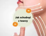 Odkryj skuteczne metody, jak schudnąć z twarzy. Grafika pokazuje delikatne linie sugerujące lifting i modelowanie konturów.