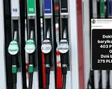 Stacja paliw z dystrybutorami benzyny 98, 95 i diesla. Obok tekst: "Dokładnie baryłka ropy 403 PLN. Orlen. Dziś baryłka 275 PLN".