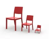 Trzy czerwone krzesła w różnych rozmiarach, odzwierciedlające 18 schematów Younga.