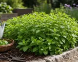 Un beau plant de menthe prospère dans un jardin, prêt à être cueilli pour des infusions rafraîchissantes. Une brouette et des ciseaux sont à proximité.