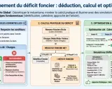 Schéma expliquant le calcul du déficit foncier, les charges déductibles et l'optimisation fiscale des travaux immobiliers.