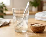 Un verre d'eau avec du psyllium, une aide naturelle contre la constipation. Une cuillère remue les graines dans l'eau.