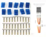 Blaue Stecker und Anschlussklemmen für Servokabel. Montageanleitung zeigt JR female Pin mit orangefarbenen und braunen Kabeln.