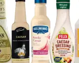 Flera flaskor med caesarsallad dressing, inklusive Ken's, Hellmann's och Felix.
