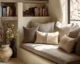 Un rincón de lectura acogedor con libros en estantes rústicos, cojines mullidos y un jarrón con flores silvestres.