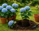 Plantation d'hortensias bleus en pot. L'entretien de ces magnifiques fleurs commence par un bon rempotage.