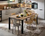 Tendance salle à manger avec chaises dépareillées : un mélange de style industriel et bohème autour d'une table en bois.