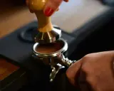 Barista tamped den gemahlenen Kaffee für einen perfekten Espresso. Die Espresso-Definition beginnt hier.